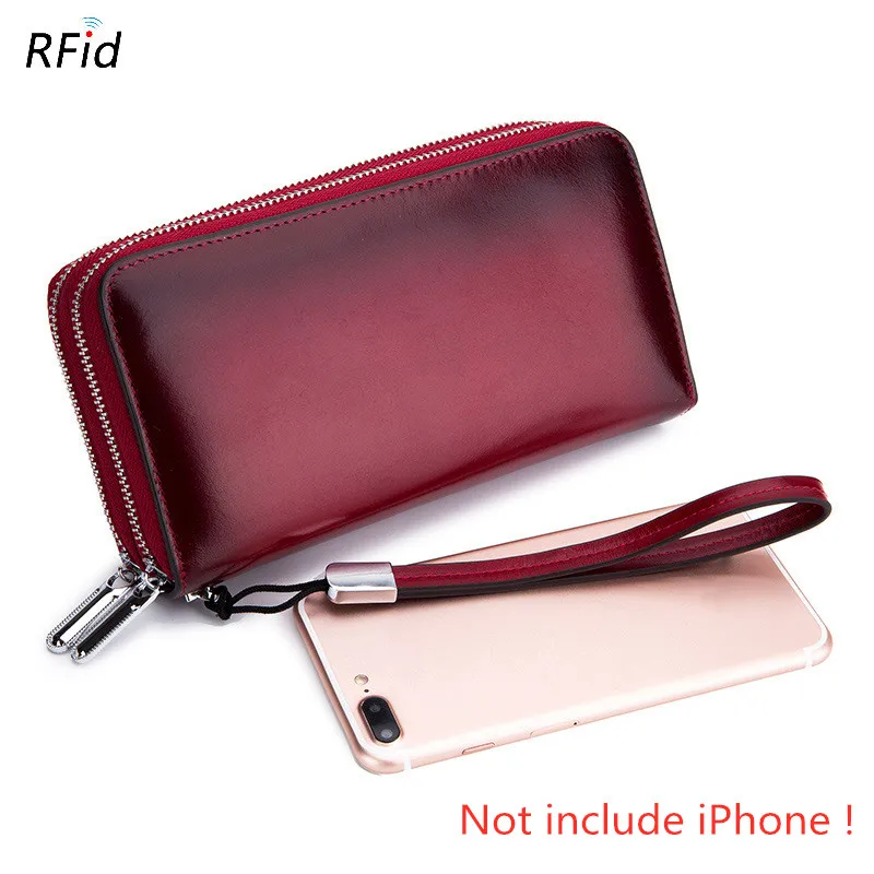 RFID Длинный кошелек для женщин из натуральной кожи женский дорожный кошелек высокой емкости на молнии Женский кошелек 24 держателя карт - Цвет: Wine Red