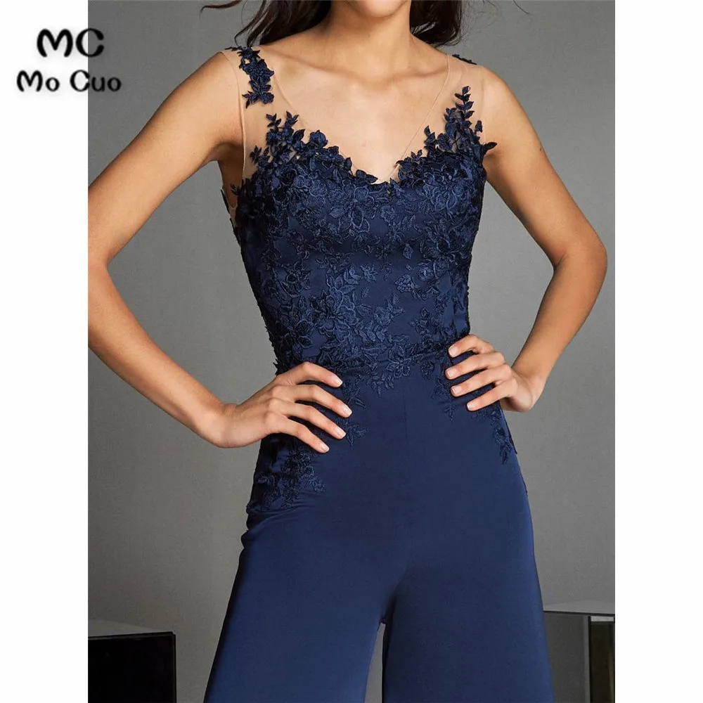 Navy Jumpsuits Mother of the Bride Pants Suit 2020 V Neck Lace Wedding Guest Dress Mothers of the Groom Gowns Outfit (3)