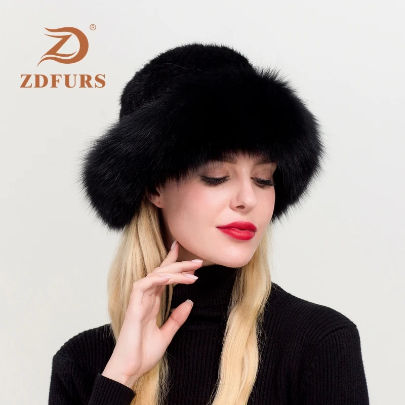 ZDFURS* Натуральная норковая меховая шапка шапки русская зима с бренд Fox Fur Trim для женщин шапка вязаная натуральная норковая меховая шапка шапки Новые