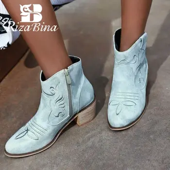 

RIZABINA Plus Size 33-46 Woman Ankle Boots Embroidery Solid Color Round Toe Thick Heels Shoes Autumn Winter Daily Women Footwear