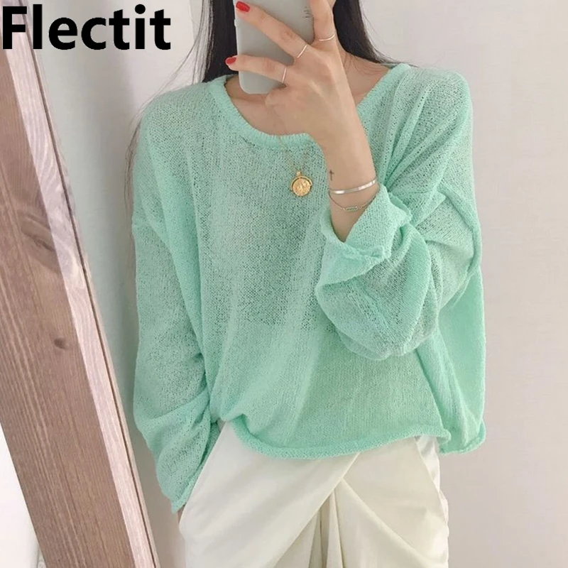 Flectit, повседневный цветной укороченный женский свитер, мятный, зеленый, желтый, розовый, уютный джемпер, прозрачные вязаные топы без швов