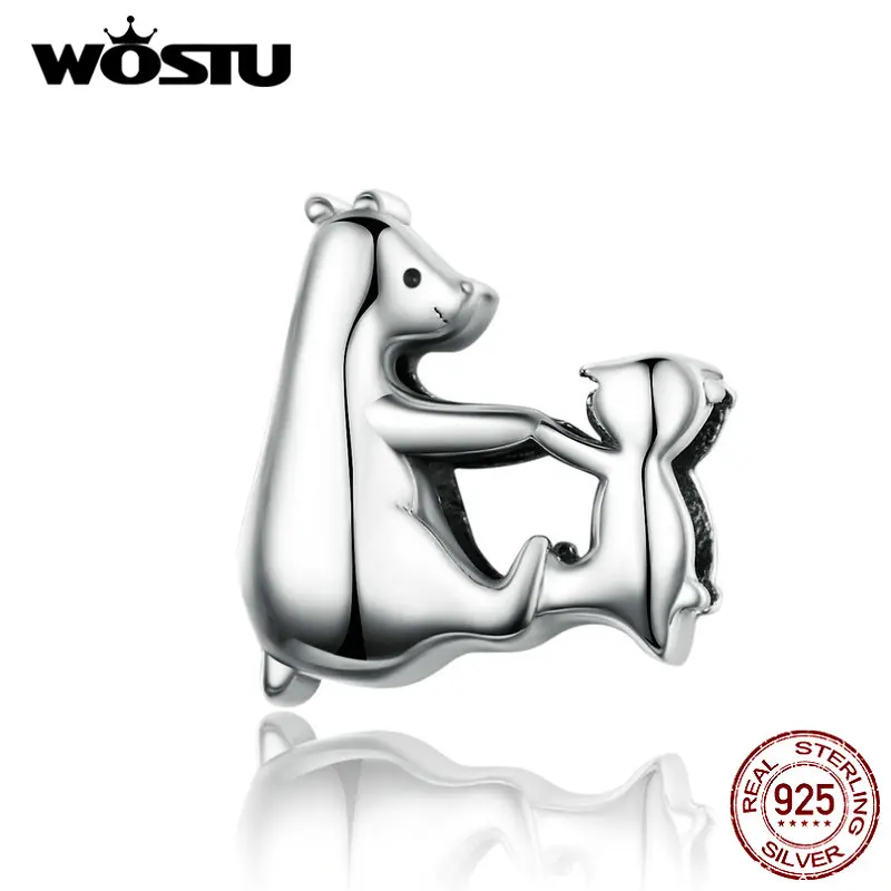 WOSTU Mama& Baby медвежонок, металлические бусины, 925 пробы, серебро, шарм, подходит для оригинального DIY браслета, подвески, бусины для изготовления ювелирных изделий CQC1207
