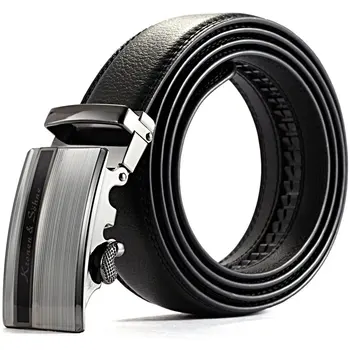 

New Business Official Black Silver Strap Men's Dress Genuine Real Leather Belt with Auto Lock Stainless Steel Buckle Gift/KB014