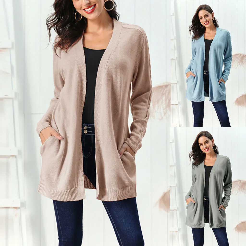 Женский кардиган с карманами и длинным рукавом повседневный свободный свитер