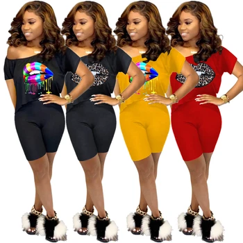 

Sexy Lip Print Solid Two Piece Sets 2020 Women Summer Short Sleeve Crop Top and Biker Pants Slim Sporty Suits Streetwear Outfits