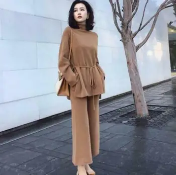 

Women Loose Cashmere Blend Knitting Thick Tops Sweater Wide Leg Pants 2Pcs Suit