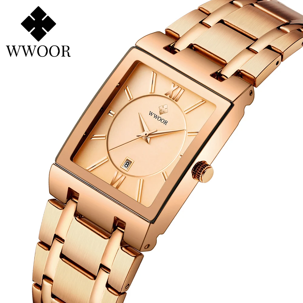 WWOOR Роскошные Брендовые Часы с браслетом для женщин часы цвета розового золота модные квадратные Кварцевые