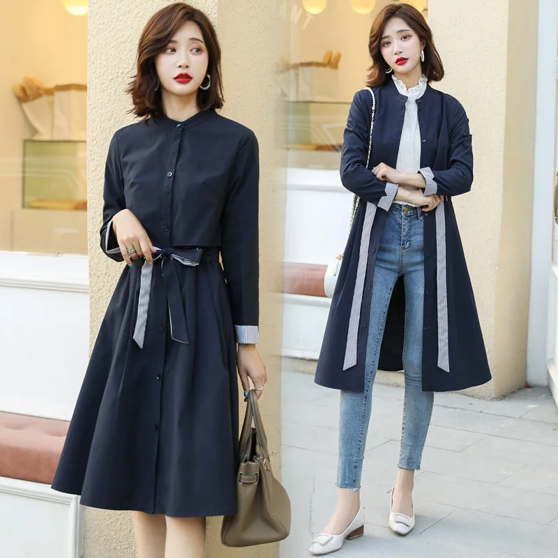 

2019 Autumn New Style Stand Collar Mid-length Trench Coat Korean-style Comfortable Slim Fit Lace-up Joint Slimming Elegant WOMEN