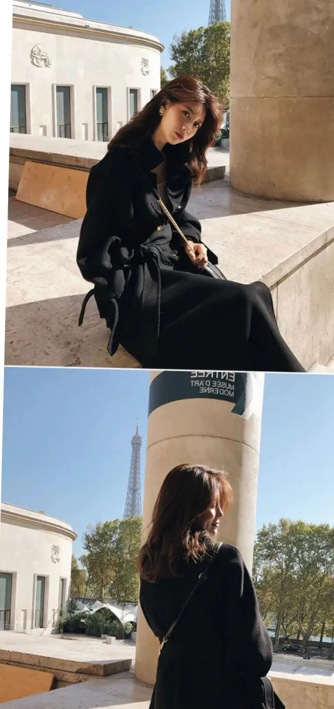 New Autumn and Winter Turn Down Collar Single-Breasted Long Women double-sided wool Solid color with belt coat Coat