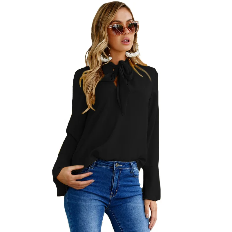 

2019 Autumn Winter Women Casual Blouses Solid Color Long Sleeve Tied Neck Loose Shirt Blouse Top for Female White Black Blouse