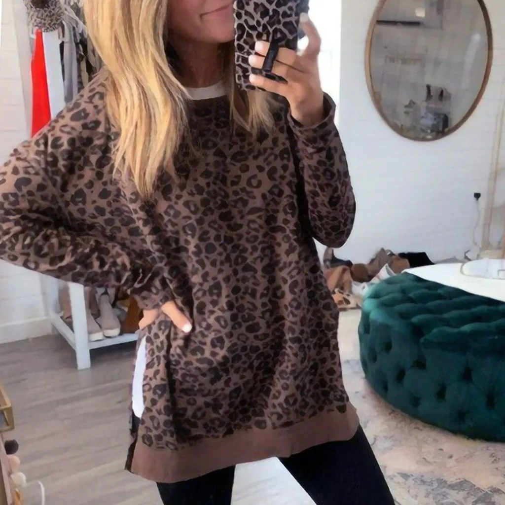 Толстовка для девочек Женская леопардовая с разрезом по подолу осенний топ с вырезом лодочкой свитера пуловер толстовки Sweter damski