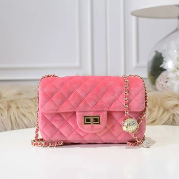 

High quality velvet brand famous ladies small square bag fashion messenger bag rhinestone small golden ball shoulder bag