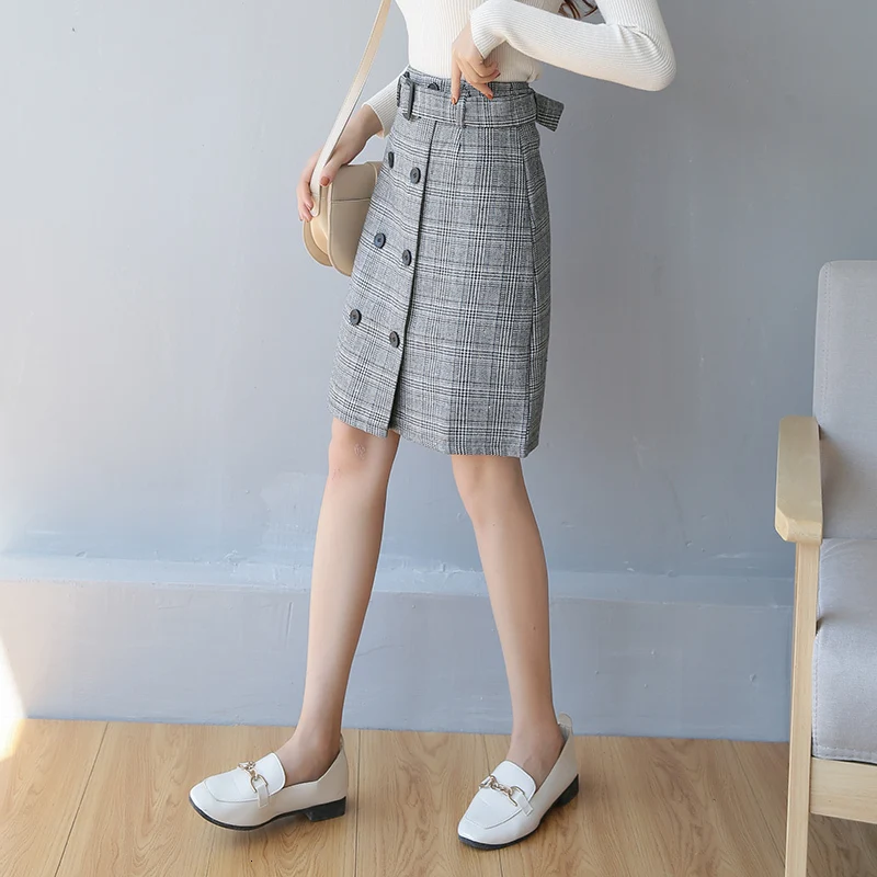 Woman High Waist Woolen Slim Skirt Office Lady Elegant Plaid Skirt Knee-length Winter Warm Skirt With Button Belt