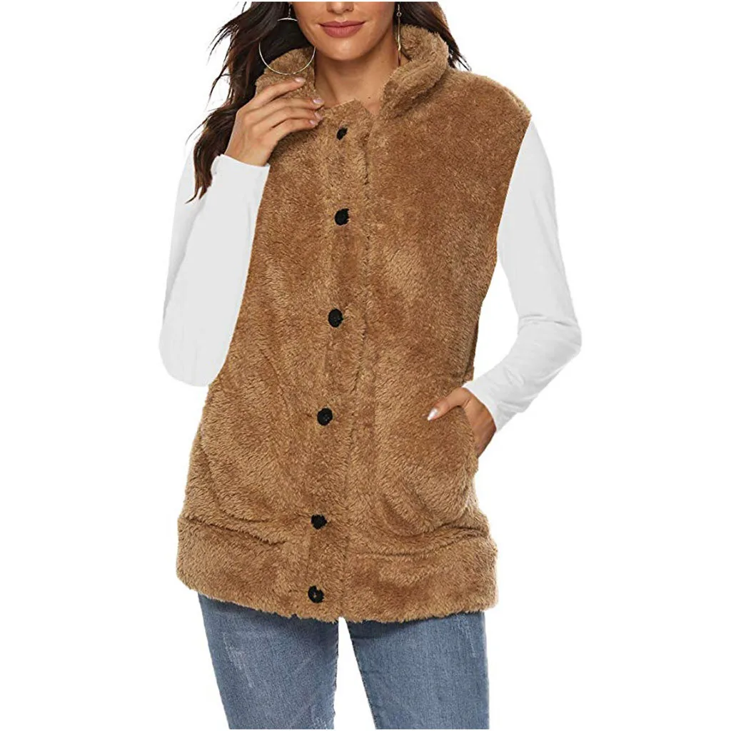 Зимняя женская жилетка, однотонная простая повседневная жилетка на пуговицах, теплая плюшевая куртка без рукавов с отложным воротником, женская жилетка, пальто