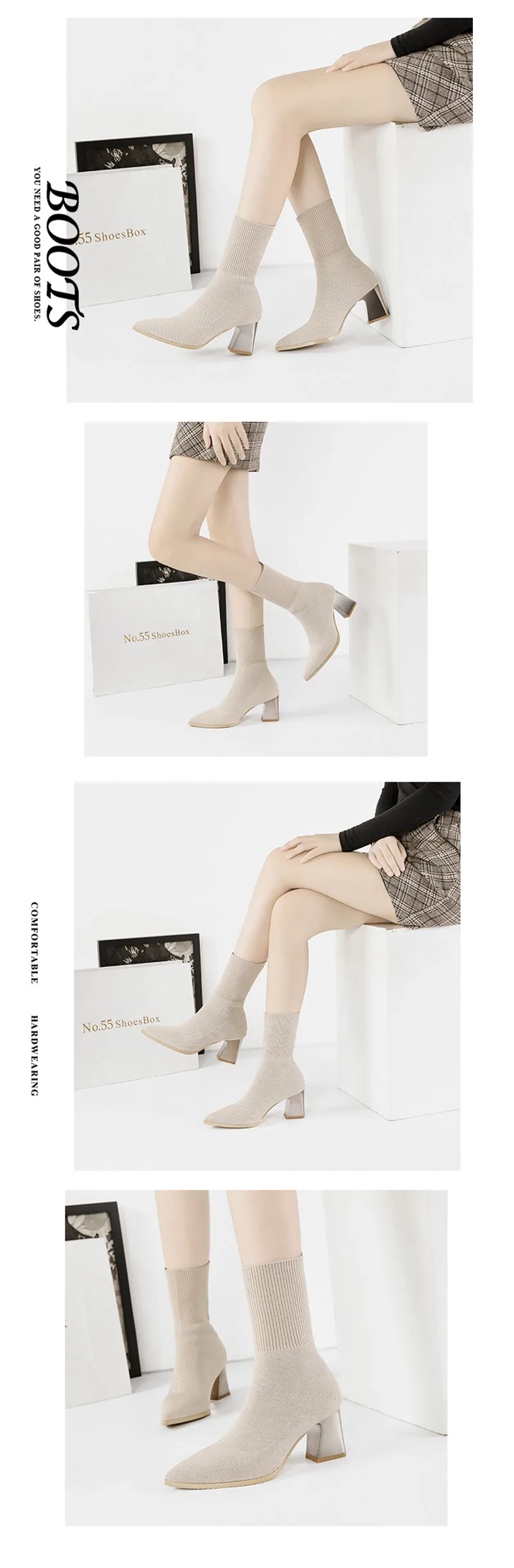 Sexy Pointed Toe Ankle Sock Boots For Woman Knit Elastic  Female Western Boots Thick High Heels French Women's Boots Socks Shoes (4)