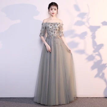 

Classic Female Appliques Cheongsam Noble Long Slim Qipao Elegant Evening Party Mesh Dress Off The Shoulder Sexy Vestido De Festa