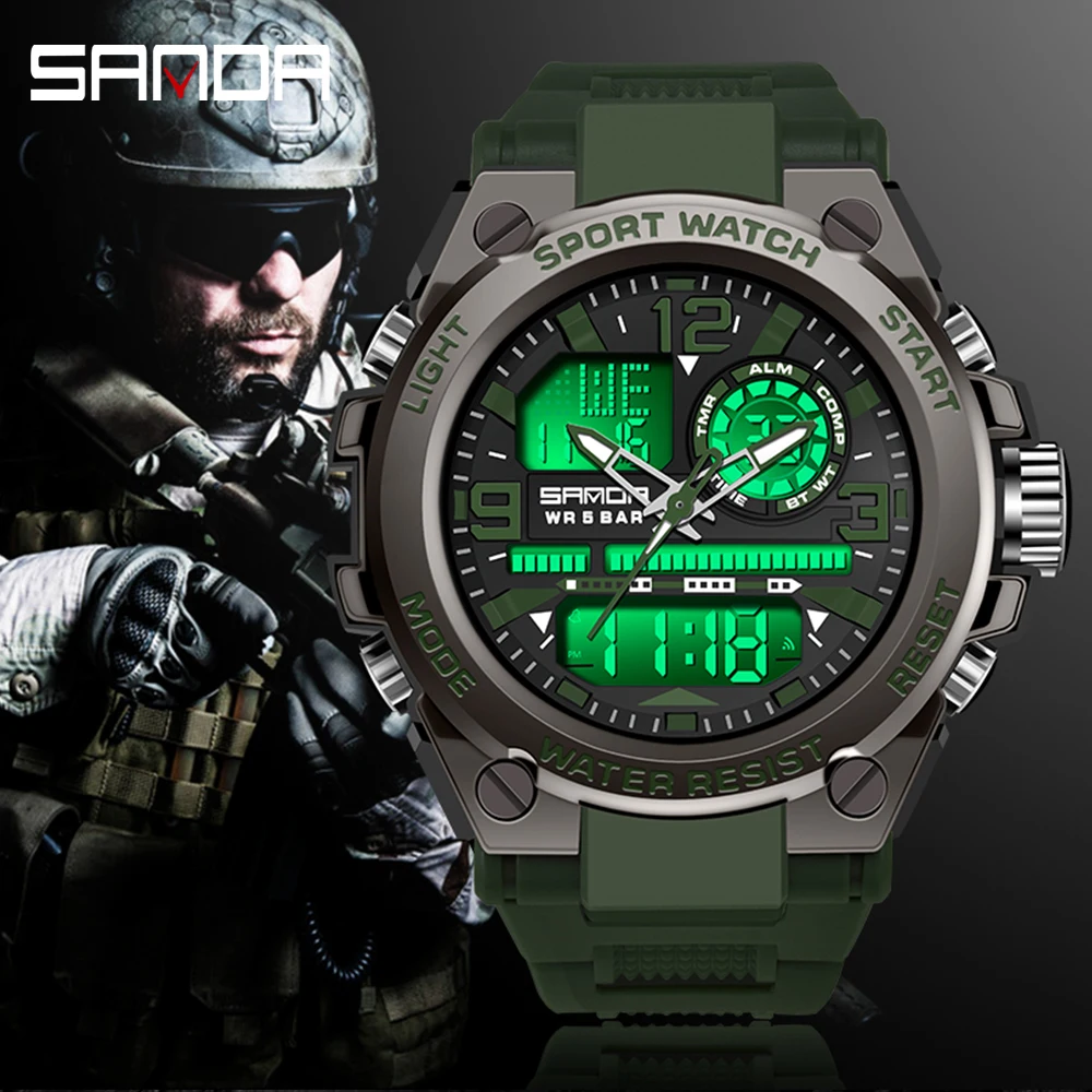 Dropshipping SANDA Watches For Men Sports Military Dual Display Quartz Watch Waterproof Big Dial Clock 6024 Relogio Masculino