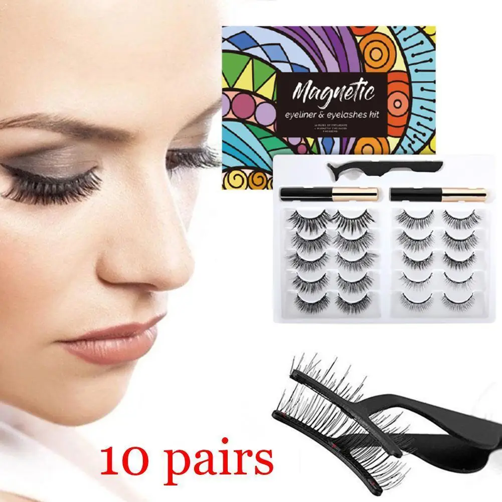 

10 Pairs Of Magnet False Eyelashes Viscous Eyeliner With Swab Eyeliner Makeup Magnetic Remover Liquid Eyeliner H6D1