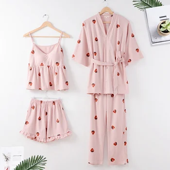 

7PC New Sleepwear Women Pajamas Summer Cotton Strawberry Sling Shorts Spring Autumn Sweet Big Size Home Service Suit