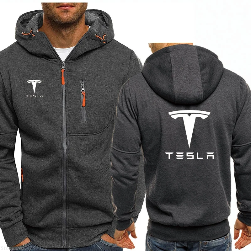 Мужские толстовки на молнии с длинными рукавами на зиму и осень, толстовка Tesla, одежда для мужчин, однотонное пальто, мужские топы, куртки