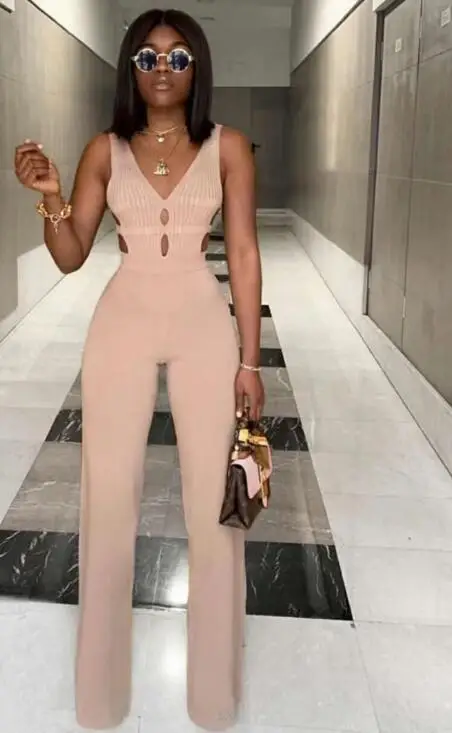 

High Quality Sexy V Neck Hollow Out Bandage Jumpsuit 2019 Celebrity Designer Fashion Jumpsuit