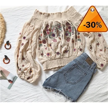 

Boho Blouse Short 2020 Floral Embroidery Sexy Off Shoulder Summer Blouse Long Sleeve Chic Women Blouses Hippie Blusas