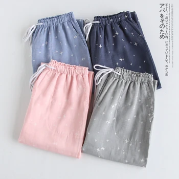

Loose Lovers' Home Pants Pajamas Japanese Style Cotton Gauze Pijamas Soft Sleep Buttoms Couple Lounge Long Panties With Belt