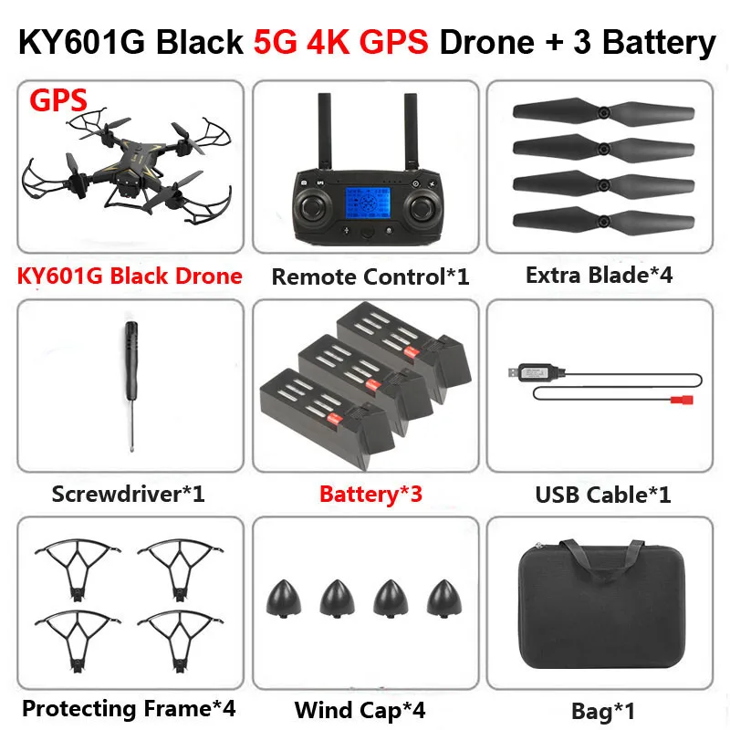 KY601G Professional Foldable Drone with Camera 4K HD 5G WiFi GPS FPV Wide Angle 2KM Meters RC Quadcopter Helicopter Toy SG900S - Цвет: Black 4K 3B Bag