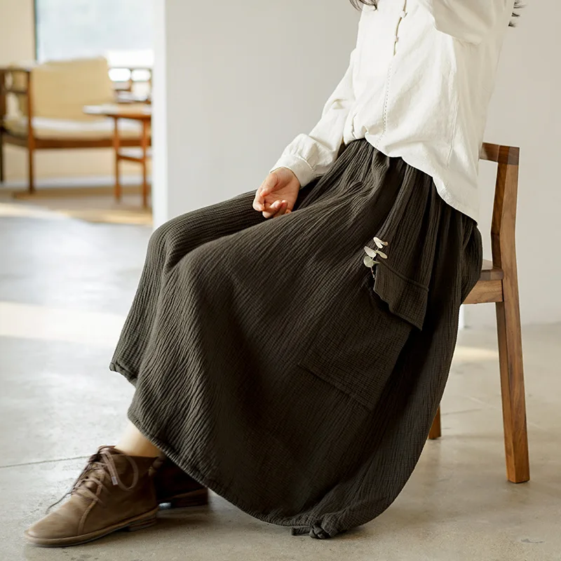 

Qi mei 2020 Spring And Summer Skirt Mid-length Elastic Waist Simple Versatile Literature And Art WOMEN'S Dress A- line Skirt INS