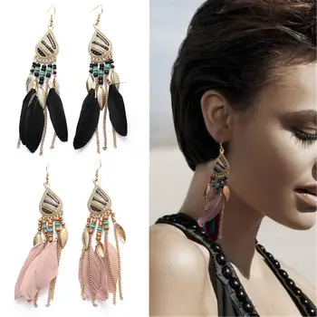 

2020 New Fashion Tassel Earrings Bohemian Retro Temperament Water Drop Feather Long Stud Earrings Hanging Hook Dangle For Women