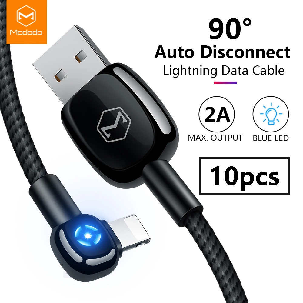 10 шт./лот Mcdodo USB кабель 2A кабель передачи данных для быстрой зарядки для iPhone XR XS Max X 8 7 Plus автоматическое отключение зарядного устройства светодиодный локтевой кабель