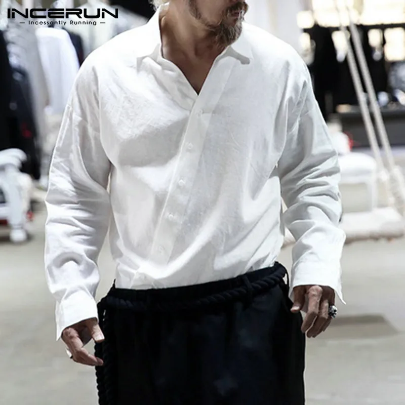 Fashion Men Shirt Irregular Long-Sleeve INCERUN Casual Brand Streetwear Solid-Button