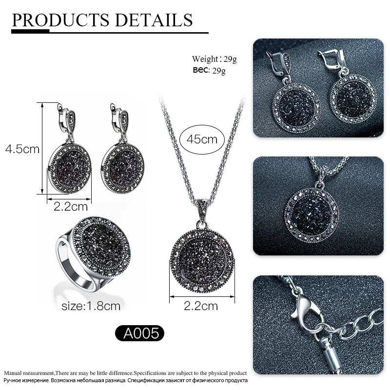 SHUANGR Винтаж Черный Синий Ювелирные наборы драгоценных камней для женщин античный серебряный кристалл круглый камень кулон ожерелье серьги кольцо браслет