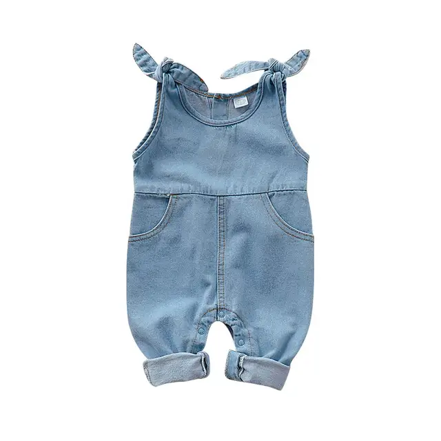 US $6.76 Baby Rompers Newborn Girls One Piece Jumpsuits Navy Jean Infantil Bebes Sleeveless Playsuits 0-18Mo