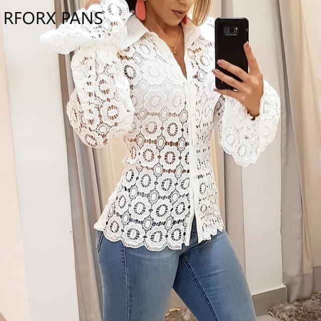 Blusa Encaje De Guipur Con Volantes Para Mujer, Camisa De Manga Acampanada Hueca, Blusa Para Mujer - Blusas Y AliExpress