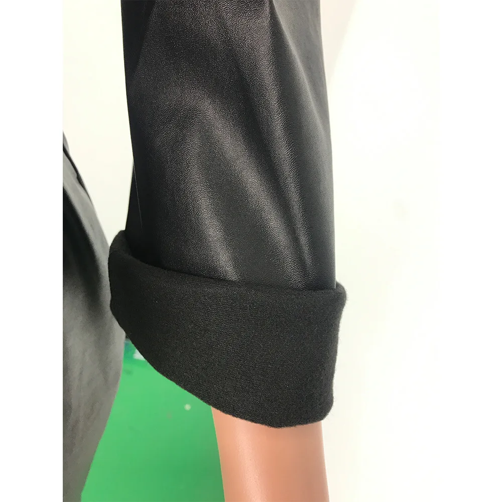 Сексуальный клубный черный комбинезон из искусственной кожи для женщин, отложной воротник, молния, передний пояс, Вечерние боди для девушек, длинный рукав, комбинезоны размера плюс