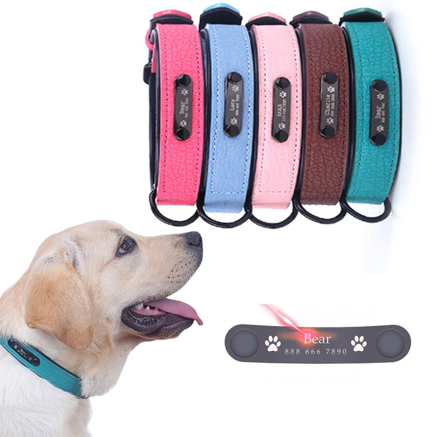 Dog Collar Personalized Leather ID Tag Collar Engraved Custom Pet Puppy