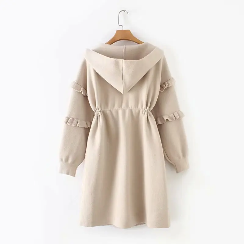 D19-9384, корейский стиль, с оборками, с капюшоном, вязаное пальто, женский длинный Тренч, пальто, распродажа