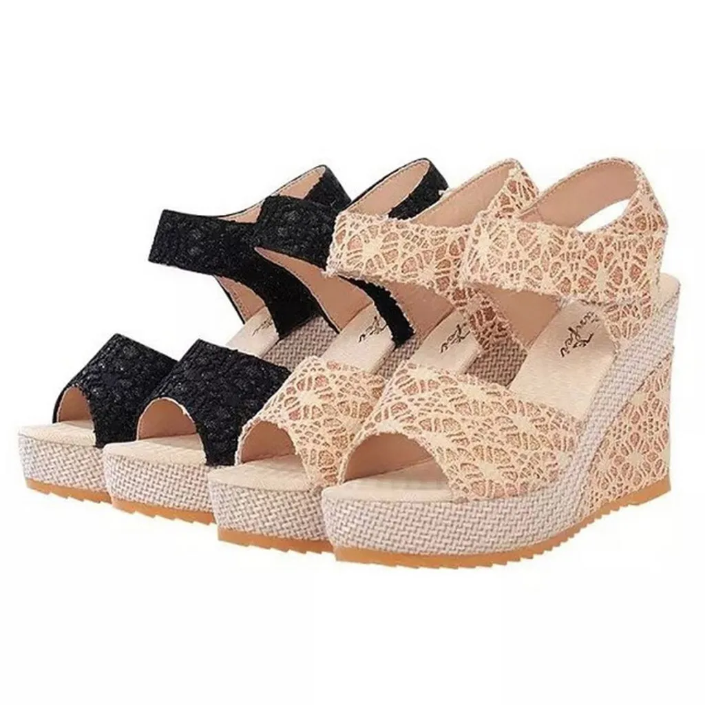 SAGACE Women's Ladies sandals women 2021 Summer Women Wedges Platform Heel Sandals Floral Flower Lace-up Shoes Footwear | Обувь