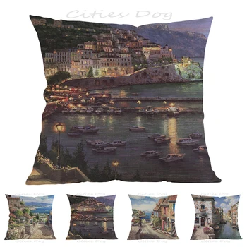 

Italy: Amalfi night view, European and American town painting art square pillow case Cushion cover bar sofa pillow cushion coves