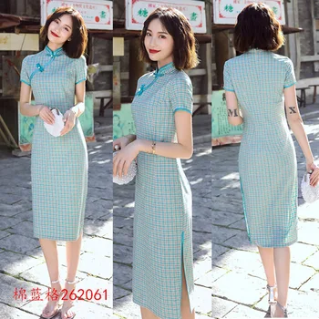 

Summer Short Cheongsam Traditional Chinese Dress Women Sexy Modern Qipao Lattice Cotton Oriental Style Dresses Robe Courte