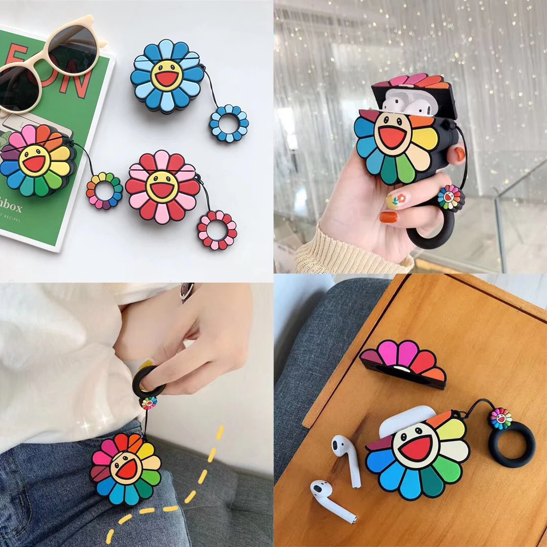 Чехол для AirPods, роскошный цветной силиконовый чехол с подсолнухами для Air pods 2, Bluetooth, беспроводной чехол для наушников с кольцом на палец