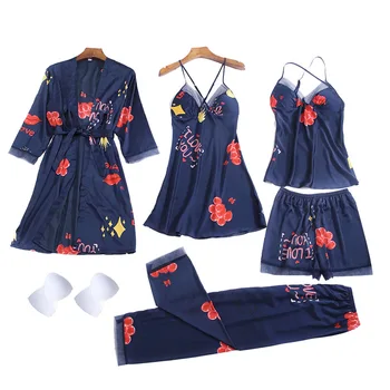

Women's Pajamas Silk Print 5Pcs Pajama Set Satin Pyjamas Sexy Lace Pijama Nightie Sleepwear Home Clothes