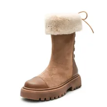 Женские меховые сапоги; женская зимняя обувь; женские повседневные сапоги до середины икры на шнуровке; теплые зимние сапоги