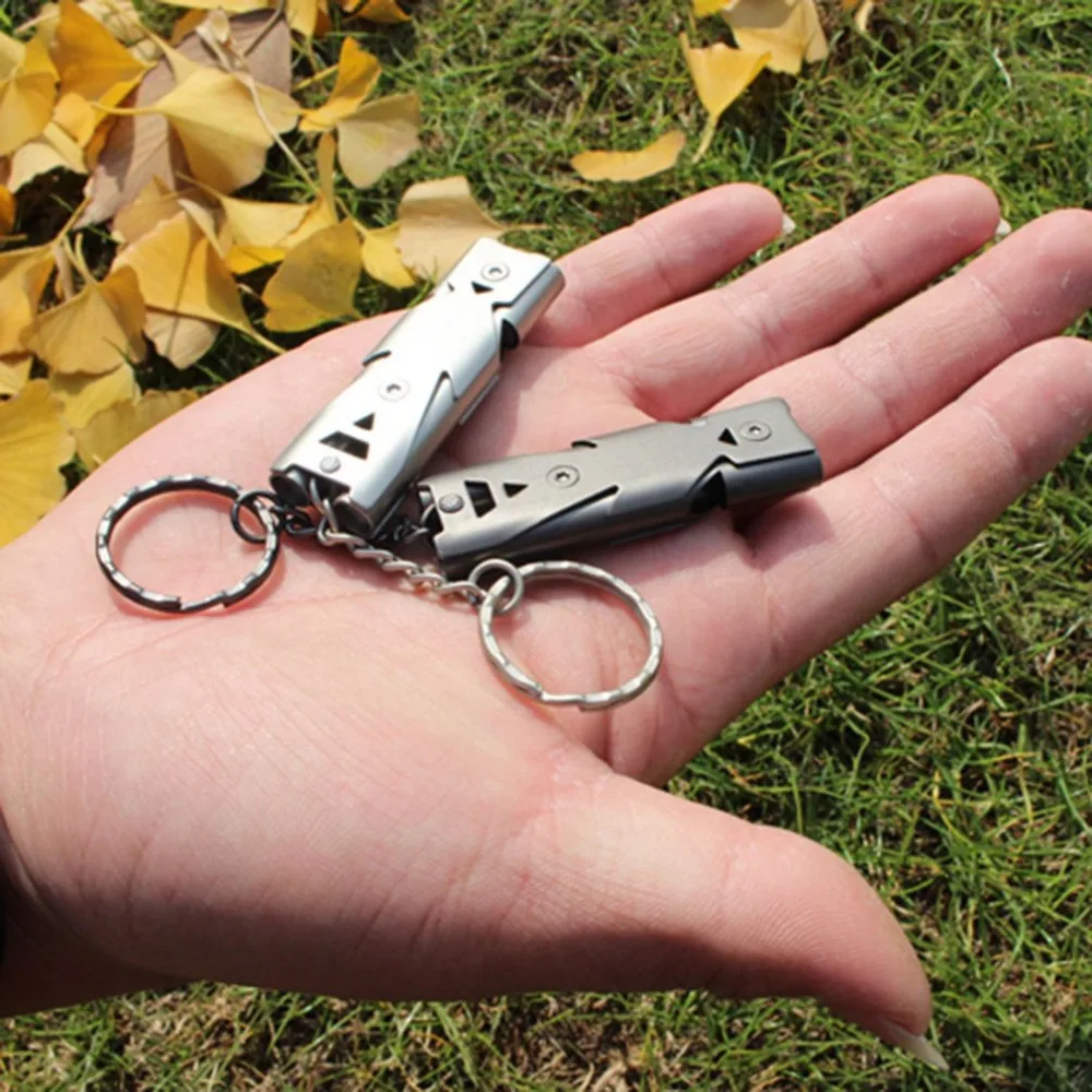 

High Quality Double Pipe High Decibel Stainless steel Outdoor Emergency Survival Whistle Keychain Cheerleading Whistle Tool