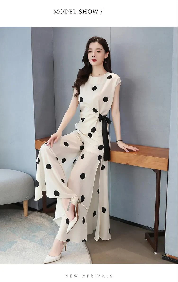 Chiffon Wide-Leg Trouser Suit For Women Summer Chic Elegant Polka Dot Print Ivory Blouse + Pants Culottes Two-Piece Set Slimming tie dye tracksuit set