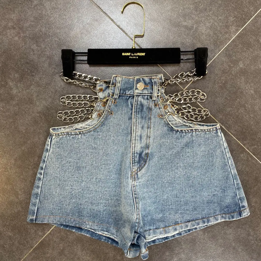 

2020 Summer Side Chain Decoration Sexy High Waist Denim Shorts Fashion Womens Jeans Shorts Ladies Clothes Short Mujer