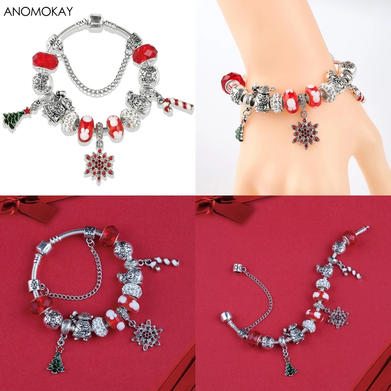 European& American Trendy Christmas Apple Charm Bracelet& Bangle Red Flower Crystal Diy Bead Bracelet Jewelry for Women