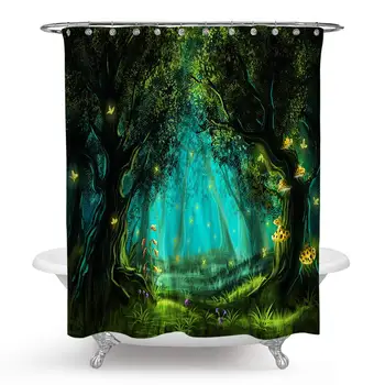 

Magical Forest Tree Shower Curtain, Magic Fairytale Woodland Forest Tree Montain Polyester Shower Curtain Set with Hooks for