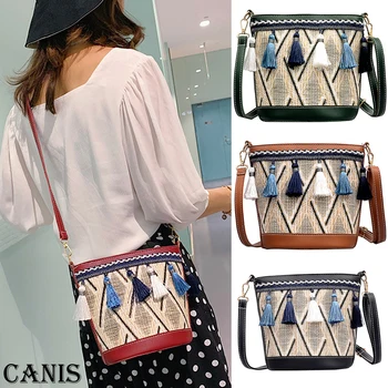 

2019 Newest Hot Women's Bohemian Style Woven Handbag Straw Rattan Wicker Sling Bag Beach Casual Messenger Bucket Tassel Decor